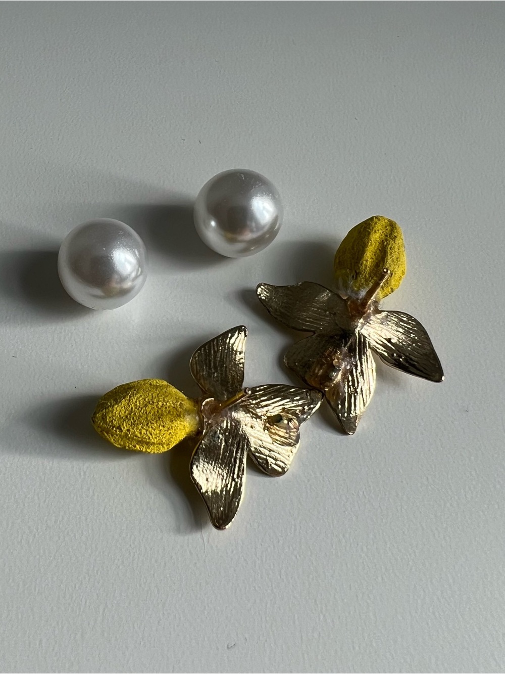 Gold Floral Drop Earrings with Yellow Accent and Pearl Studs